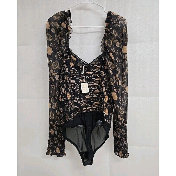 Free People Intimately Brunch Date Bodysuit Black & Gold Floral Print Sheer L - Picture 4 of 8